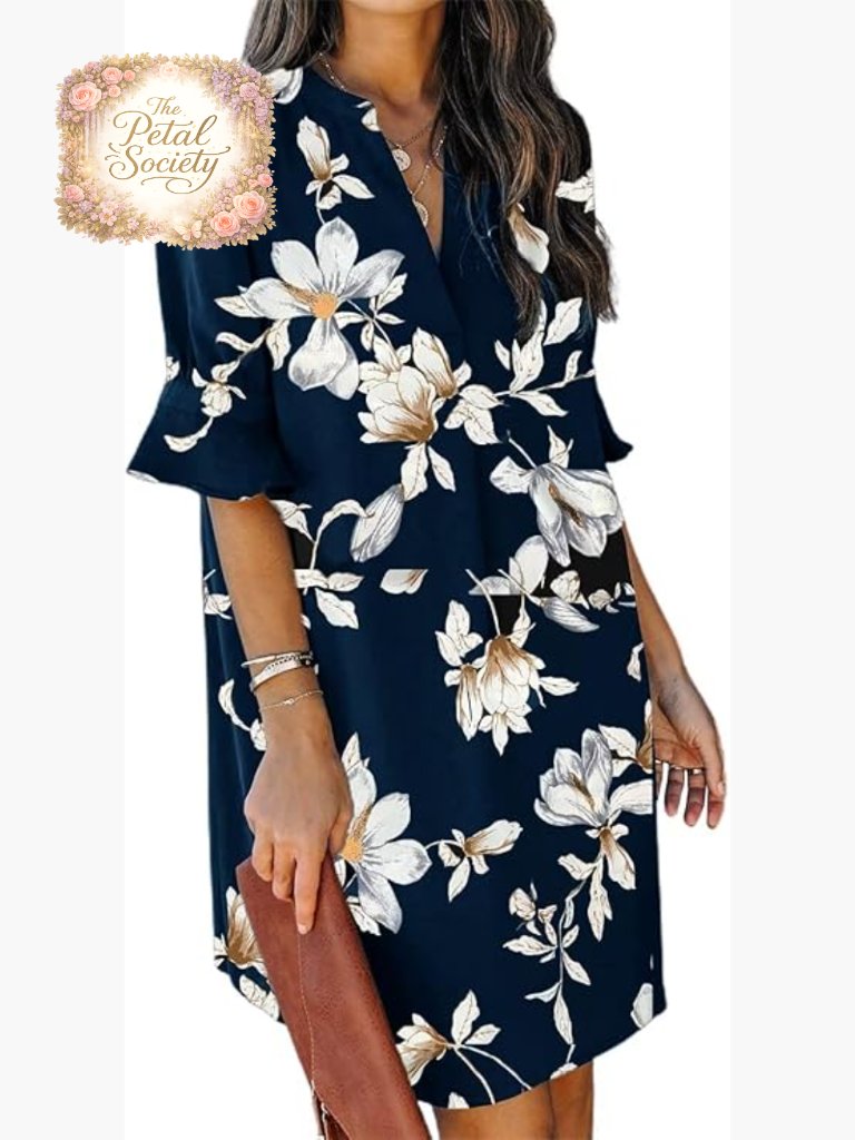 V-Neck Ruffle Short Sleeve Shift Dress, Polyester Casual Summer Dress
